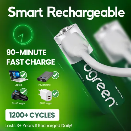 Vista 7 de bgreen Baterías AA recargables USB-C, paquete de 4, 3400 mWh, alto rendimiento, cable de carga 4 en 1 incluido, carga rápida de 1 hora