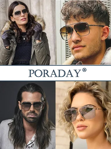 Vista 3 de PORADAY Gafas de sol cuadradas de aviador para hombres y mujeres gafas de sol de gran tamaño marco de metal vintage persianas degradadas