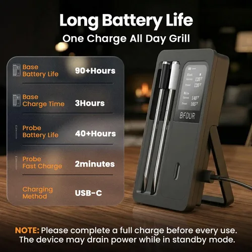 Vista 8 de BFOUR Termómetro digital inalámbrico para carne con 2 sondas impermeables mejoradas, termómetro Bluetooth para barbacoa inalámbrico con pantalla