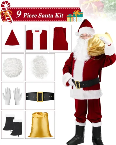 Vista 3 de Disfraz de Papá Noel para adulto, 9 piezas, traje de Papá Noel de felpa de lujo para hombre, disfraz de Papá Noel para hombres, conjunto de traje