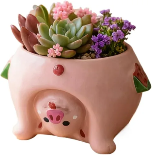 Vista 8 de Adorable Maceta para Suculentas en Forma de Cerdo con Orificio de Drenaje - Soporte para Lápices y Pinceles - Linda Maceta Decorativa de Resina