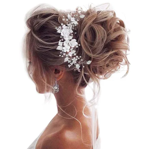 Vista 9 de Unicra Flor novia pelo vid perla pieza de pelo nupcial hoja accesorios para el pelo diadema de diamantes de imitación para mujeres y niñas (dorado)
