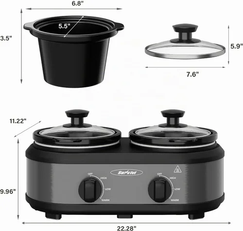 Vista 6 de [Usado] Sunvivi Olla de cocción lenta doble, servidores de buffet y calentador con 2 ollas de cerámica extraíbles, calentador de alimentos de Gris
