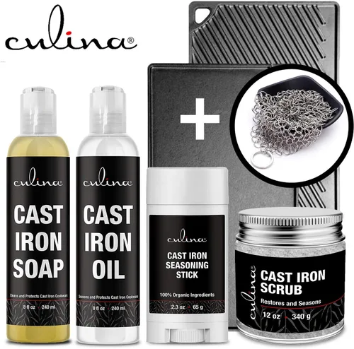 Vista 2 de Culina Barra de condimentos de hierro fundido, acondicionador de jabón y aceite y exfoliante restaurador y limpiador de acero inoxidable Todos