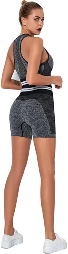 Vista 5 de UHYARE Conjunto de entrenamiento de yoga sin costuras para mujer, conjunto de 2 piezas, pantalones cortos de gimnasio, brasier deportivo