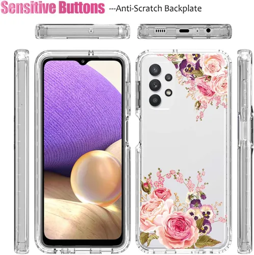 Vista 5 de Funda para Galaxy A32 5G/M32 5G SM-A326 con protector de pantalla de vidrio templado, cuerpo completo, transparente, flexible, con diseño floral