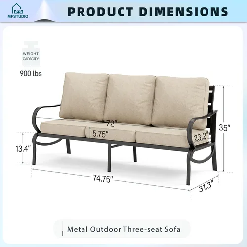 Vista 6 de MFSTUDIO Juegos de muebles de patio, sofás de conversación de metal para exteriores con 1 sofá de 3 asientos para jardín, cojín beige