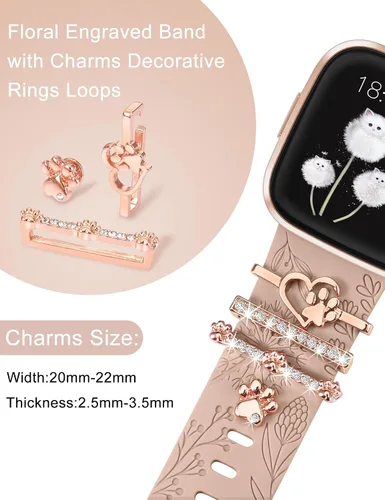 Vista 3 de Minyee Correa con dije grabado floral compatible con Fitbit Versa 2/Fitbit Versa/Versa Lite bandas para mujer, anillo decorativo brillante