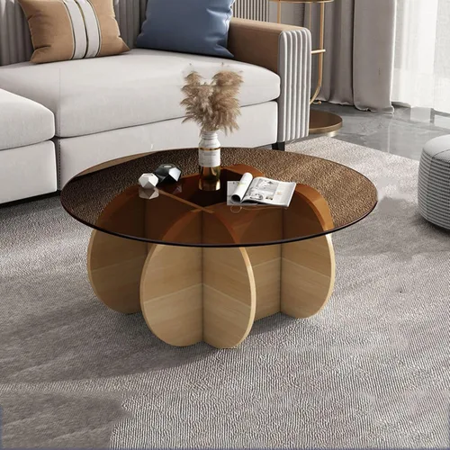 Vista 15 de HM&DX Mesa auxiliar redonda de cristal, base de madera maciza y parte superior de vidrio templado transparente, mesa auxiliar de café, mesa central
