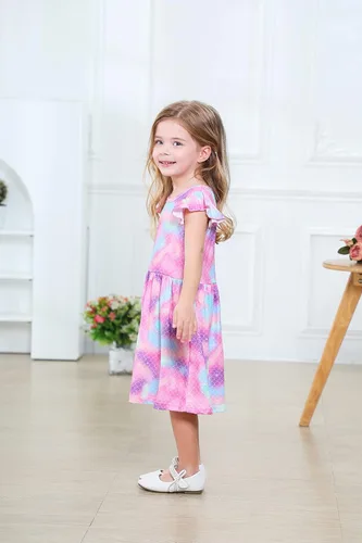 Vista 5 de Vestido de unicornio casual con mangas con vuelo para niñas pequeñas, vestido de verano para fiesta de cumpleaños, vestidos de verano de 1 a 8 años