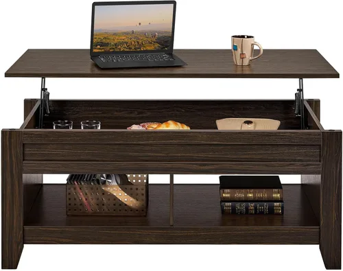 Vista 10 de Topeakmart Mesa auxiliar elevable con compartimento de almacenamiento oculto y estante abierto, mesa de cóctel de granja para sala de estar