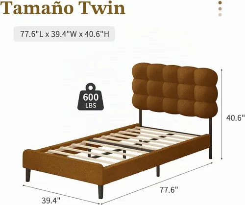 Vista 2 de Base de cama individual BarnFurin con cabecera tapizada, tela suave tipo bouclé, cama plataforma con fuerte soporte de listones de madera, diseño