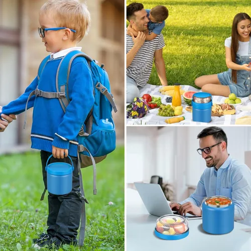 Vista 7 de JXXM Tarro de comida con doble aislamiento 2 en 1 de 13.5 onzas, termo de sopa con contenedor de aperitivos para niños, termo para comida caliente