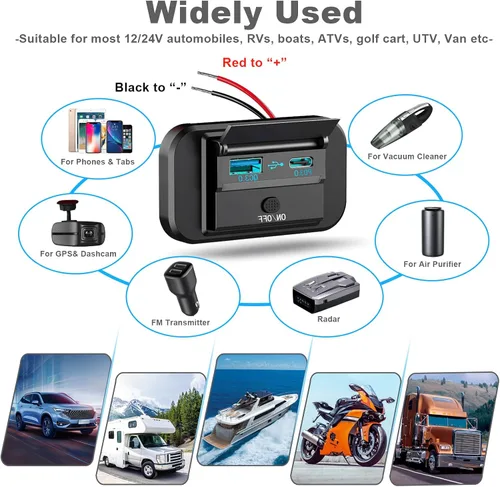 Vista 3 de Vadaxx 2 salidas USB RV de 12 V con interruptor de alimentación, 54 W Dual PD3.0 Tipo-C y carga rápida QC3.0 USB-A Panel de montaje en pared