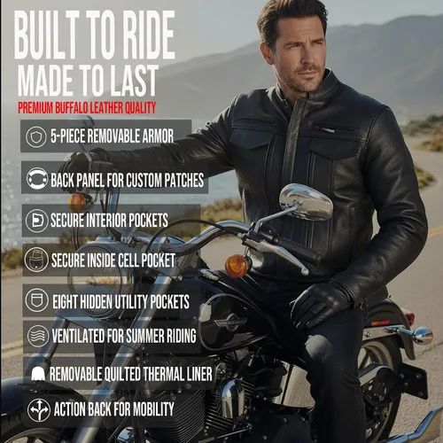 Vista 5 de COMMUTER - Chaqueta de motocicleta para hombre, piel de búfalo premium, armadura CE, bolsillos utilitarios, Street Cruiser Motorbike Biker Negro