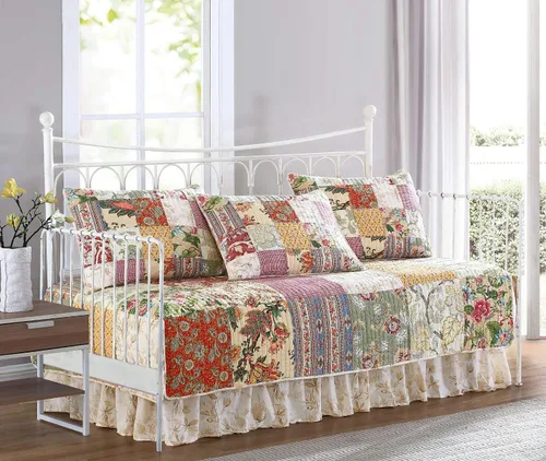 Vista 2 de Chezmoi Collection Delaney - Juego de funda de edredón de 5 piezas, diseño de retazos florales, prelavado, 100% algodón, tamaño cama