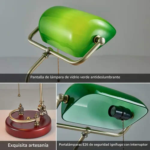 Vista 5 de Lámpara de Banquero, Lámpara de Escritorio Verde Tradicional con Base de Madera de Abedul Maciza, Lámpara de Biblioteca Antigua de Vidrio Verde