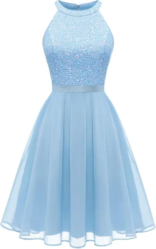 Vista 2 de Bbonlinedress Vestido de fiesta de lentejuelas halter para mujer, vestido de fiesta de noche, elegante vestido de dama de honor
