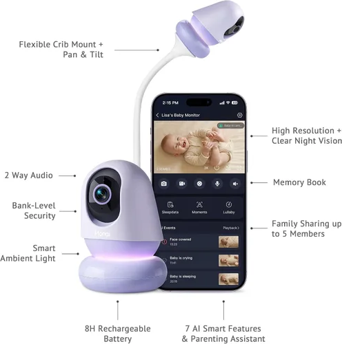 Vista 2 de Monai Monitor de bebé Nest WiFi con cámara y audio, portátil, batería de 8