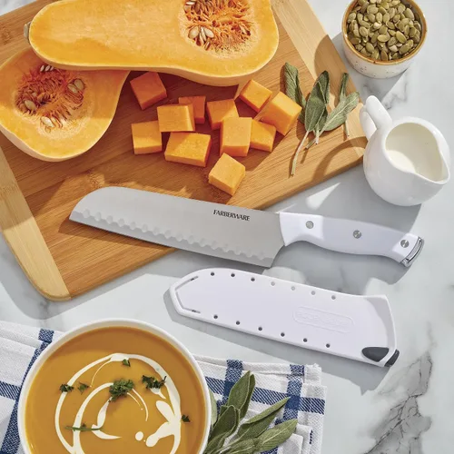 Vista 6 de Farberware Cuchillo Santoku de 7 pulgadas con funda autoafilable EdgeKeeper, hoja de acero inoxidable de alto carbono, mango de triple remache