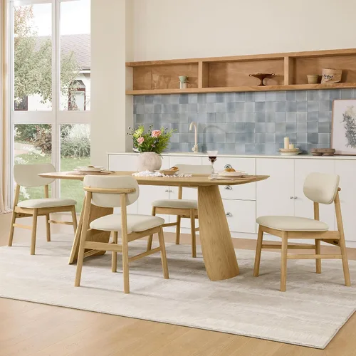 Vista 7 de CHITA Juego de 2 sillas de comedor tapizadas, modernas sillas de cocina y comedor de mediados de siglo, marco de madera maciza en roble, tela