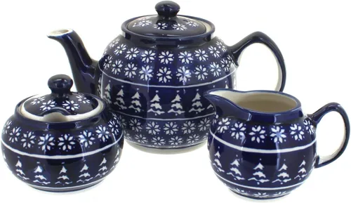 Vista 6 de Juego de té pequeño de tres piezas de pavo real de cerámica polaca de rosa azul