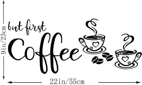 Vista 3 de Pegatina de vinilo para pared con texto en inglés «But First Coffee» para cafetería, cocina, hogar, decoración de pared