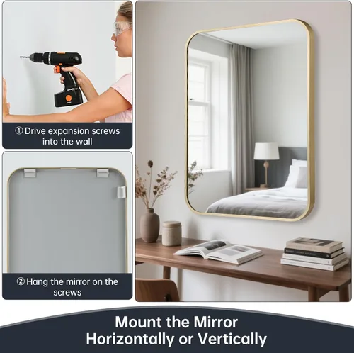 Vista 6 de Espejo de baño dorado mate oscuro de 24 x 36 pulgadas para pared, espejo rectangular enmarcado con esquina redondeada, espejo cepillado