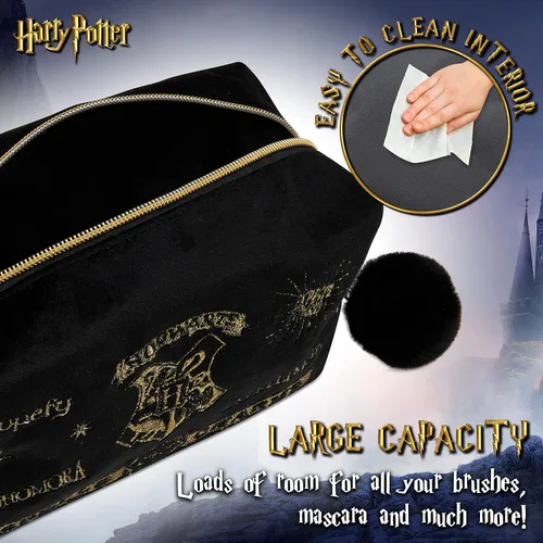 Vista 4 de Harry Potter Regalos para mujeres, bolsa de maquillaje de terciopelo, bolsa de cosméticos, organizador de viaje, pequeña bolsa de aseo para Negro