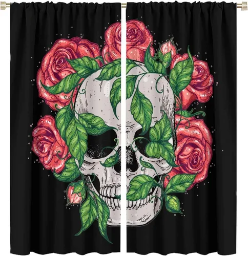 Vista 38 de Cortinas de cabeza de calavera, calavera blanca y rosas rojas con ramas y hojas negras, cortinas opacas decorativas para sala de estar, dormitorio