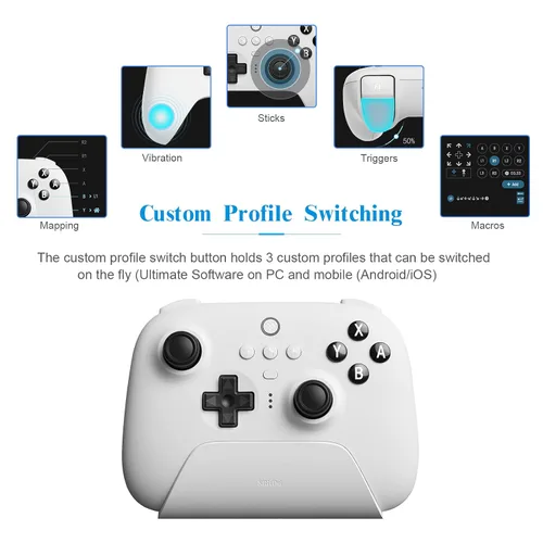 Vista 6 de 8Bitdo Ultimate Bluetooth Switch Pro Controller with Charging Dock,Wireless Gamepad with Hall Effect Sensor Joystick for SwitchWindowsSteam Deck,A
