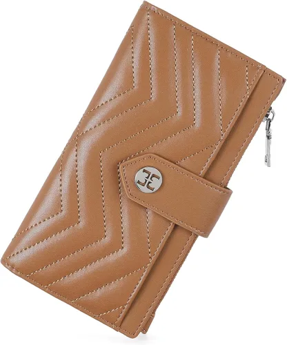 Vista 13 de Telena Cartera delgada para mujer, con bloqueo RFID, tarjetero de cuero con llavero plateado, color beige