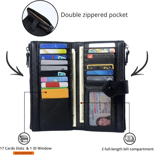 Vista 4 de Bveyzi - Cartera de cuero suave para mujer con bloqueo RFID, billetera plegable con doble cierre, porta-tarjetas para damas Soft, RFID Blocking