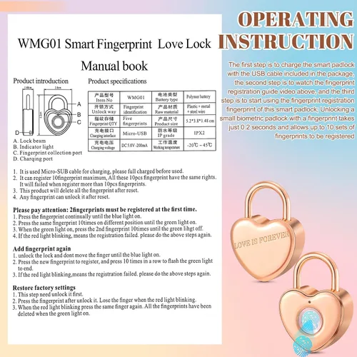 Vista 4 de Candado de huellas dactilares con forma de corazón, pequeño candado de oro rosa para mujer, candado inteligente con estampado de dedos