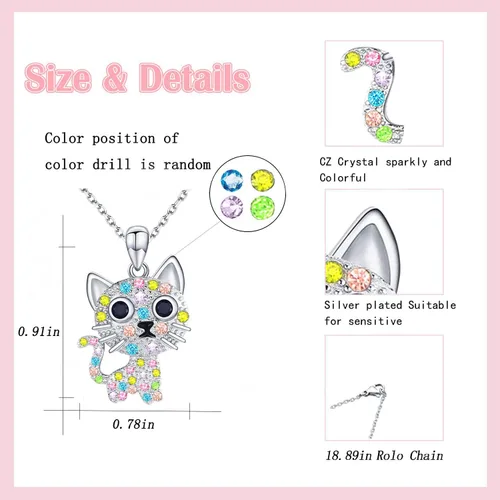 Vista 3 de Collar de gato para niñas, collar con colgante de cristal, regalo de joyería para amantes de los gatos, hija, nieta, sobrina, regalo de Navidad