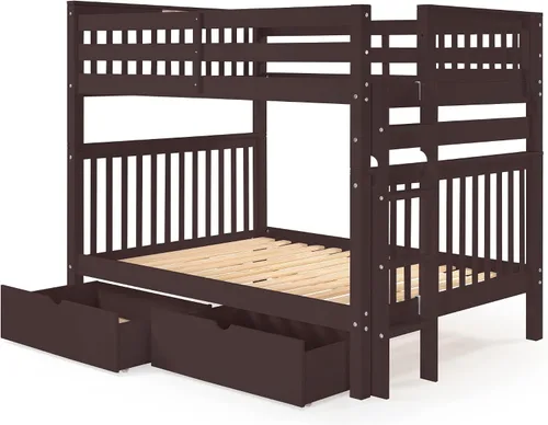 Vista 3 de Bedz King Literas de estilo misión matrimonial sobre completo con escalera de extremo y 2 cajones debajo de la cama, color cereza oscuro