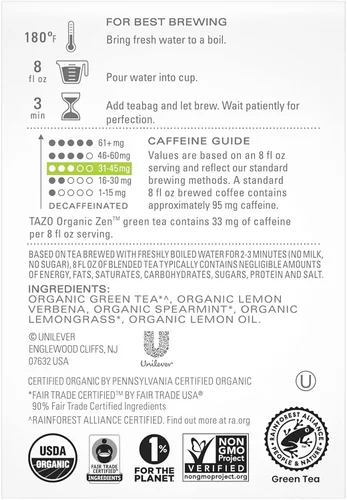 Vista 2 de TAZO Bolsas de té, té verde, té zen orgánico regenerativo, 36