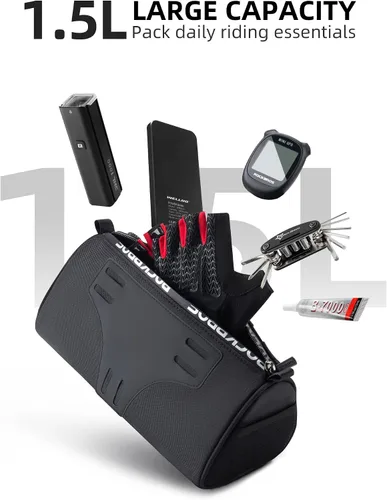 Vista 2 de Bolsa de manillar ROCKBROS para bicicletas con capacidad grande de 1.5L, bolsa frontal de manillar para bicicletas, accesorios reflectantes