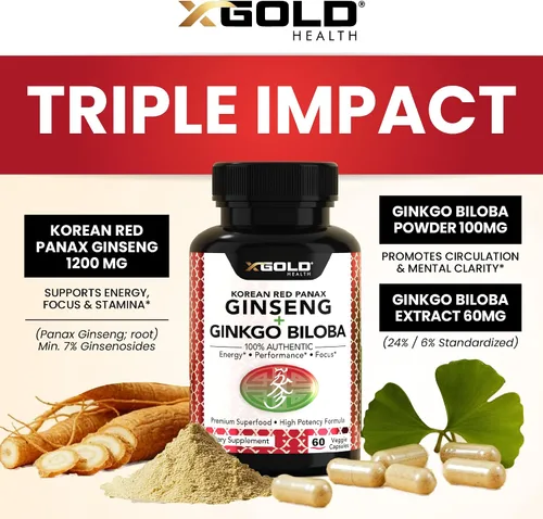 Vista 3 de X Gold Health Panax Ginseng rojo coreano + ginkgo biloba – 7% de ginsenósidos extra fuerte – Energía, memoria, enfoque y apoyo cerebral – Suplemento