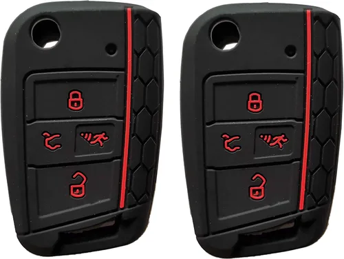 Vista 4 de Funda de silicona para llave con control remoto para VW Golf Polo 2016-2017, 4 botones, entrada sin llave, mando a distancia (1 negro + 1 rojo)