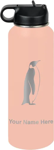 Vista 61 de LaserGram Botella de agua personalizada, pingüino, acero inoxidable de doble pared aislada al vacío con popote superior, regalo grabado