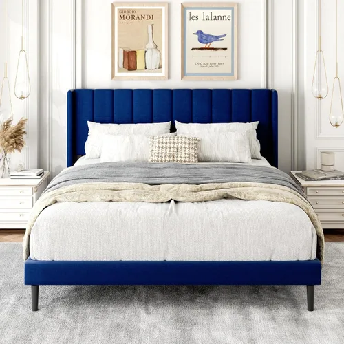 Vista 15 de Gruwans Base de cama de tamaño individual con cabecera tapizada con respaldo de ala, plataforma de fácil montaje, soporte de listones de madera,