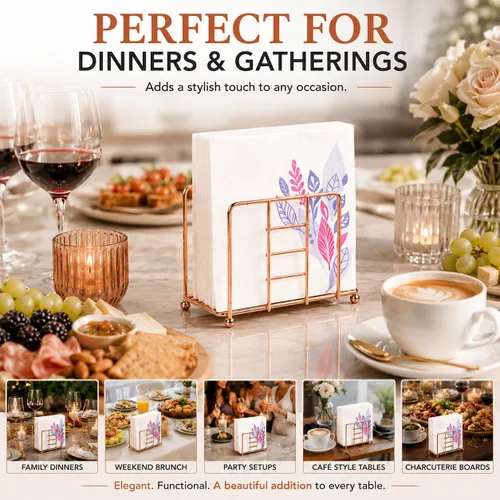 Vista 5 de Creative Home Servilletero de alambre de oro rosa para mesa, organizador de servilletas de metal chapado en cobre para encimera de cocina, mesa