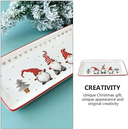 Vista 2 de Platos rectangulares de porcelana para servir gnomos de Navidad para servir ensalada, pasta, queso, aperitivo, jamón, apto para lavavajillas