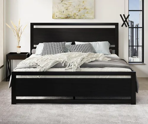 Vista 12 de SHA CERLIN Marco de cama tamaño completo con cabecera moderna, base de plataforma de metal resistente con pie de cama cuadrado y soporte de 13 Negro