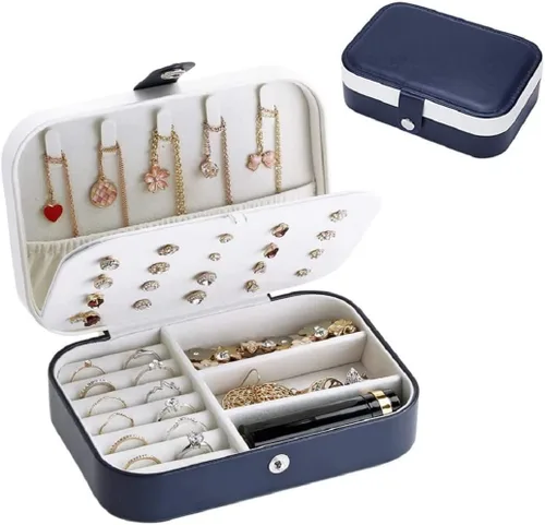 Vista 2 de Yonzone Joyero pequeño, estuche de joyería de viaje, mini organizador de joyas para collares, aretes, anillos de doble capa, caja de regalo portátil