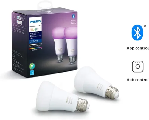 Vista 3 de Philips Hue (1) Puente con (2) bombillas LED inteligentes A19 de 60 W, luz blanca y de color que cambia de color, 800 LM, E26 - Control