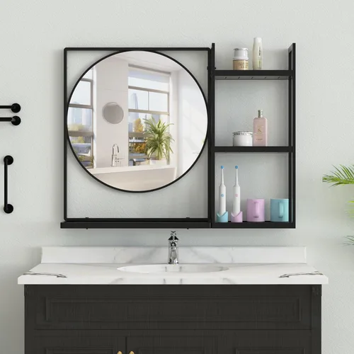 Vista 18 de Espejo de baño con estante, espejo de pared rectangular negro, marco de metal, colgante horizontal o vertical (24 x 20 pulgadas)
