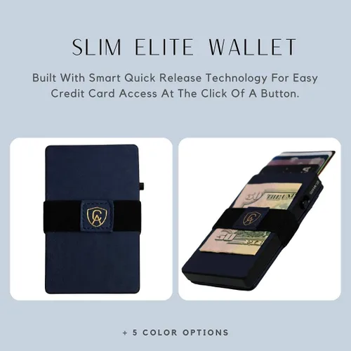 Vista 3 de Cartera delgada de diseño Cuero auténtico premium Protección RFID inteligente Minimalista Tarjetas inteligentes de liberación rápida, Azul