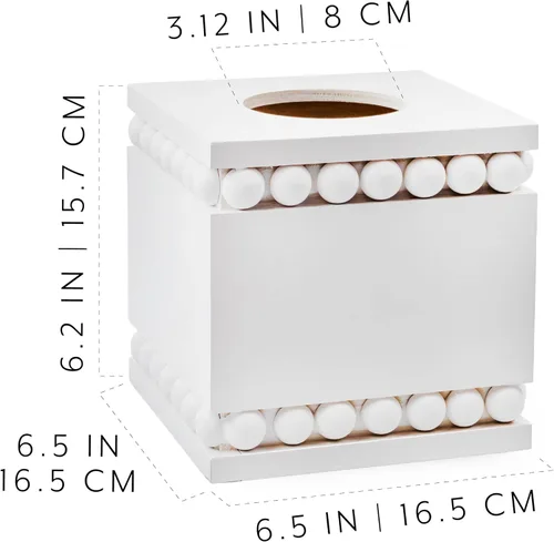 Vista 6 de AuldHome Design Cubierta cuadrada para caja de pañuelos con cuentas (blanca); soporte de pañuelos de madera rústico de granja